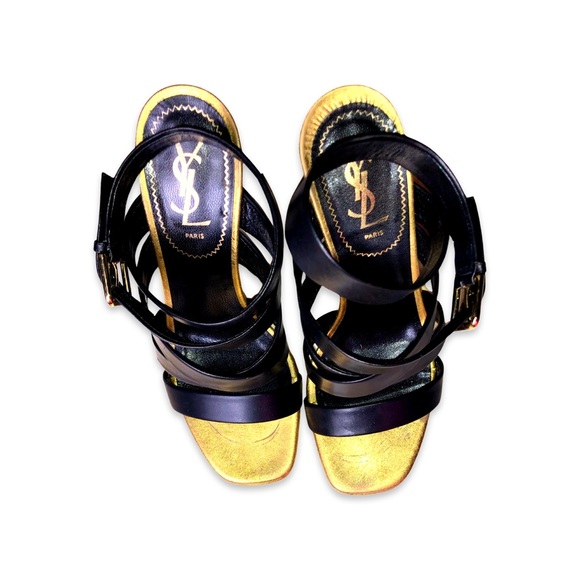 Yves Saint Laurent Montaig Leather 105 Strappy Sandal Platform Heels Nero/Gold - Picture 2 of 11